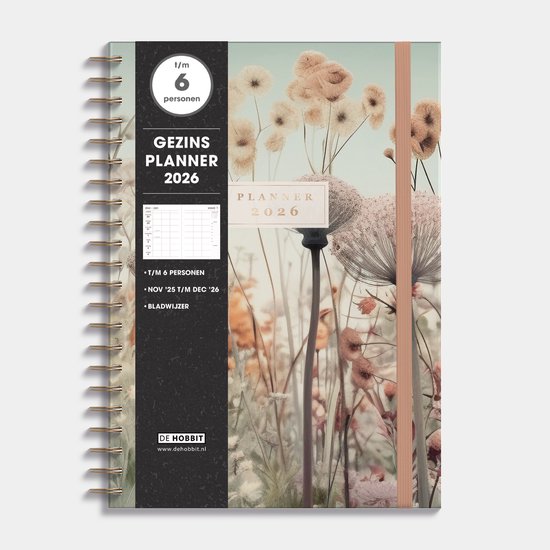 Hobbit - Gezinsagenda 2026 - A4 (21 x 29,7 cm) - Gezinsplanner - Familie agenda - 6 personen - 1 week op 2 pagina's - Harde Kaft - Veldbloemen
