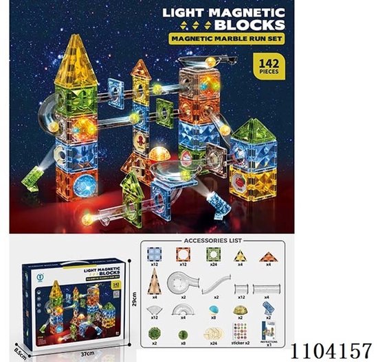 Magnetic Tiles - Knikkerbaan met Discobal en Lichteffect – 142 delig - Magnetische Bouwblokken