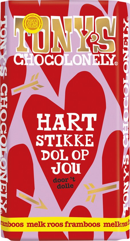 Tony's Chocolonely framboos melk reep met hartjes.