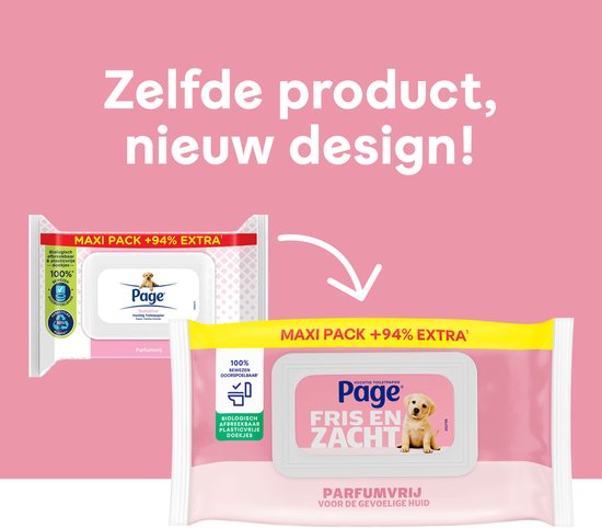 Page vochtig toiletpapier, fris en zacht, parfumvrij. Maxi pack +94% extra. Vergelijking van oud en nieuw design.
