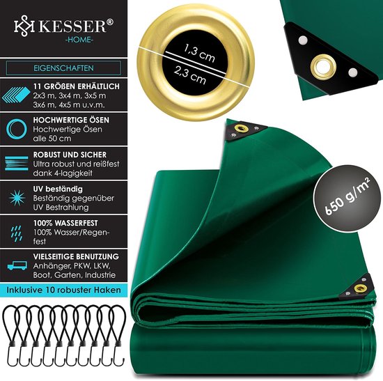 KESSER® Premium afdekzeil met oogjes, 650 g/m², pvc, waterdicht en scheurvast, hoogwaardig dekzeil, universeel, voor vrachtwagens, zwembaden, houten tuinmeubelen, afdekzeil, donkergroen, 300 x 200 cm KESSER® Premium afdekzeil met oogjes, 650 g/m², pvc, waterdicht en scheurvast, hoogwaardig dekzeil, universeel, voor vrachtwagens, zwembaden, houten tuinmeubelen, afdekzeil, donkergroen, 300 x 200 cm
