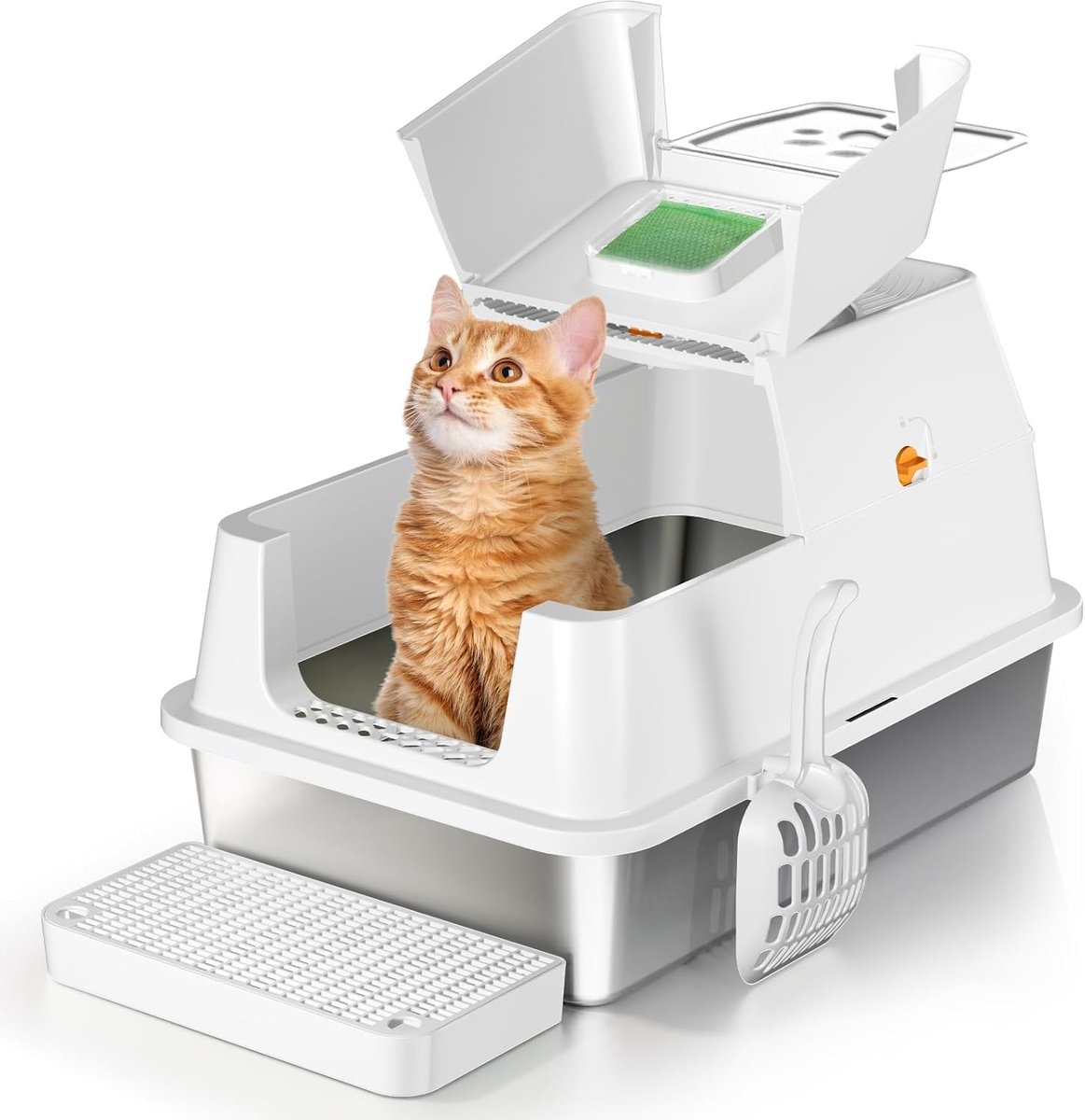 XXL kattenbak van roestvrij staal met deksel, 180° klapdeksel XXL kattenbak, grote kattenbak van roestvrij staal, gesloten kattenbak, lekvrij en gemakkelijk schoon te maken – wit