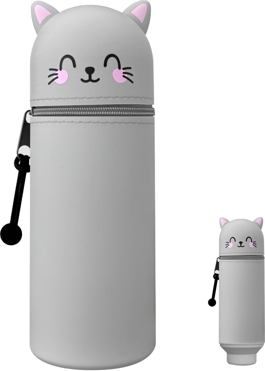 CNMTCCO Siliconen etui, 2-in-1 zachte siliconen tas met rits, cartoon etui, schooletui van zachte siliconen voor school en kantoor (grijze kat)