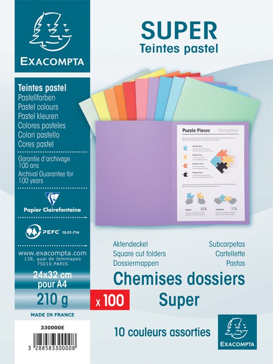Chemises Rigides SUPER Exacompta – Lot De 100, Format A4, 210 G/m², Couleur Gris Pastel – Certifiées PEFC™