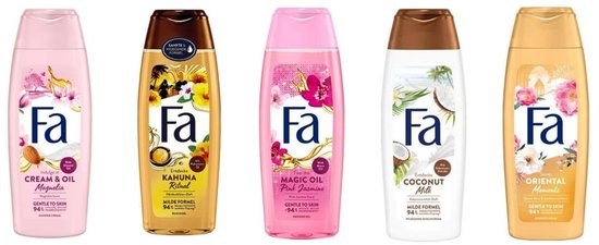 Cinq bouteilles de gel douche Fa aux couleurs variées : rose à la magnolia, doré au 'Rituel Kahuna', rose à 'Magic Oil Pink Jasmine', blanc au 'Lait de Coco' et jaune aux 'Moments Orientaux'.