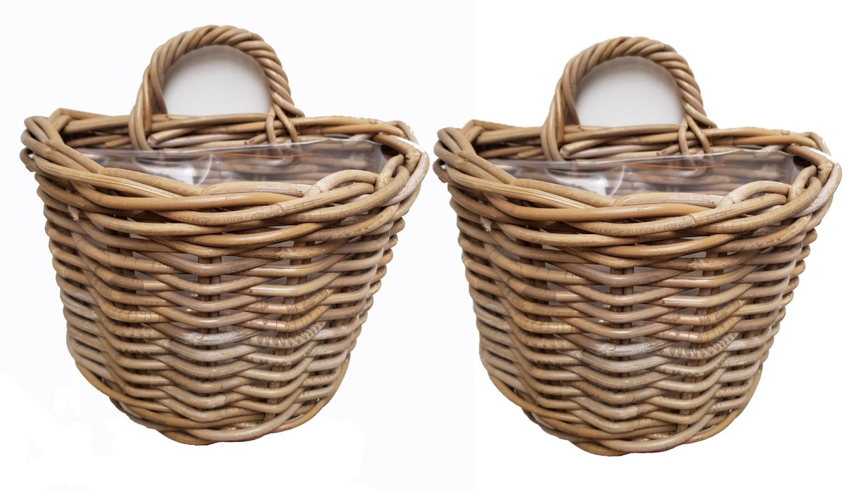 Van der Leeden Wandhanger mand - 2x - bruin - 38 x 24 x 25 cm - rotan gevlochten - voor bloemen/planten - bloempot/plantenpot