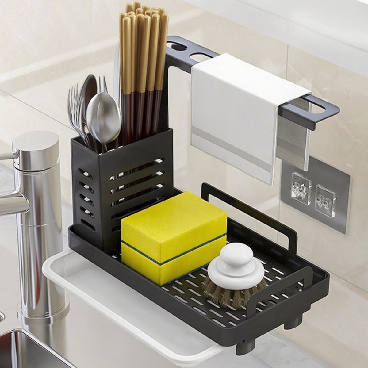 CHIWIN Vaatdoekhouder Gootsteen RVS - Aanrecht organizer met Druipschaal & Bestekbak - Multifunctionele Gootsteen Organizer - Keuken Organizer - Antislip & Krasvrij - Geen Bore - Zwart