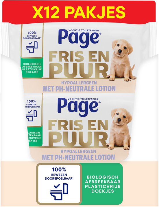 Page® vochtig toiletpapier - Fris en Puur (Puur) - Hypoallergeen - 456 velletjes - 12 x 38 stuks