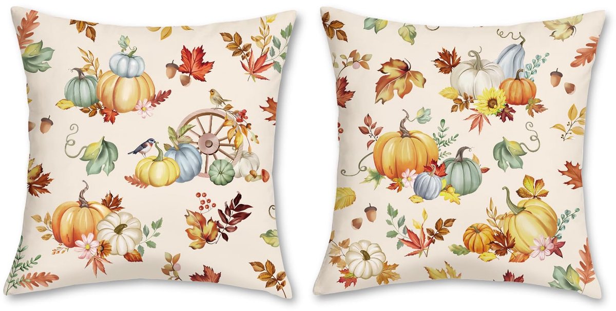 Ibenzoa Set van 2 decoratieve kussenhoezen met herfstmotief van pompoenen en bladeren, 45 x 45 cm beige