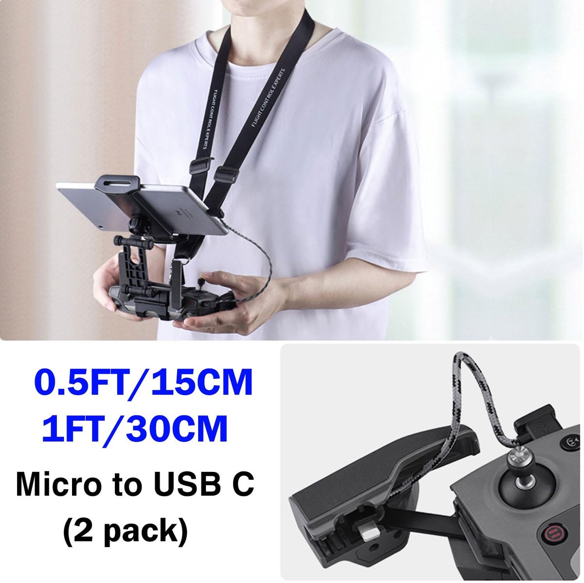 30 cm + 1,5 m (2 stuks) Micro naar USB C Aluminium Kabel, Geschikt voor iPhone 15 Pro, DJI Mavic Mini, Mini SE, Mavic 2 Pro/Zoom, Mavic Air, Mavic Pro, Spark, DJI Drone naar Tablet Kabel – foto 2