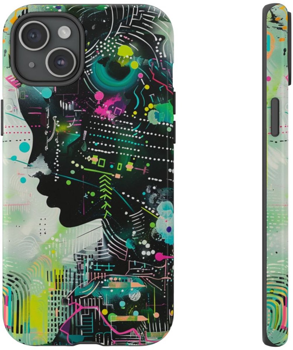 Abstract Neon Geometrisch Profiel – Telefoonhoesje Geschikt voor iPhone 15 Plus