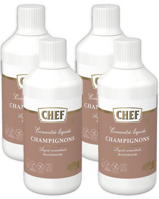 Vier flessen vloeibaar champignonconcentraat van Chef, met bruine etiketten.