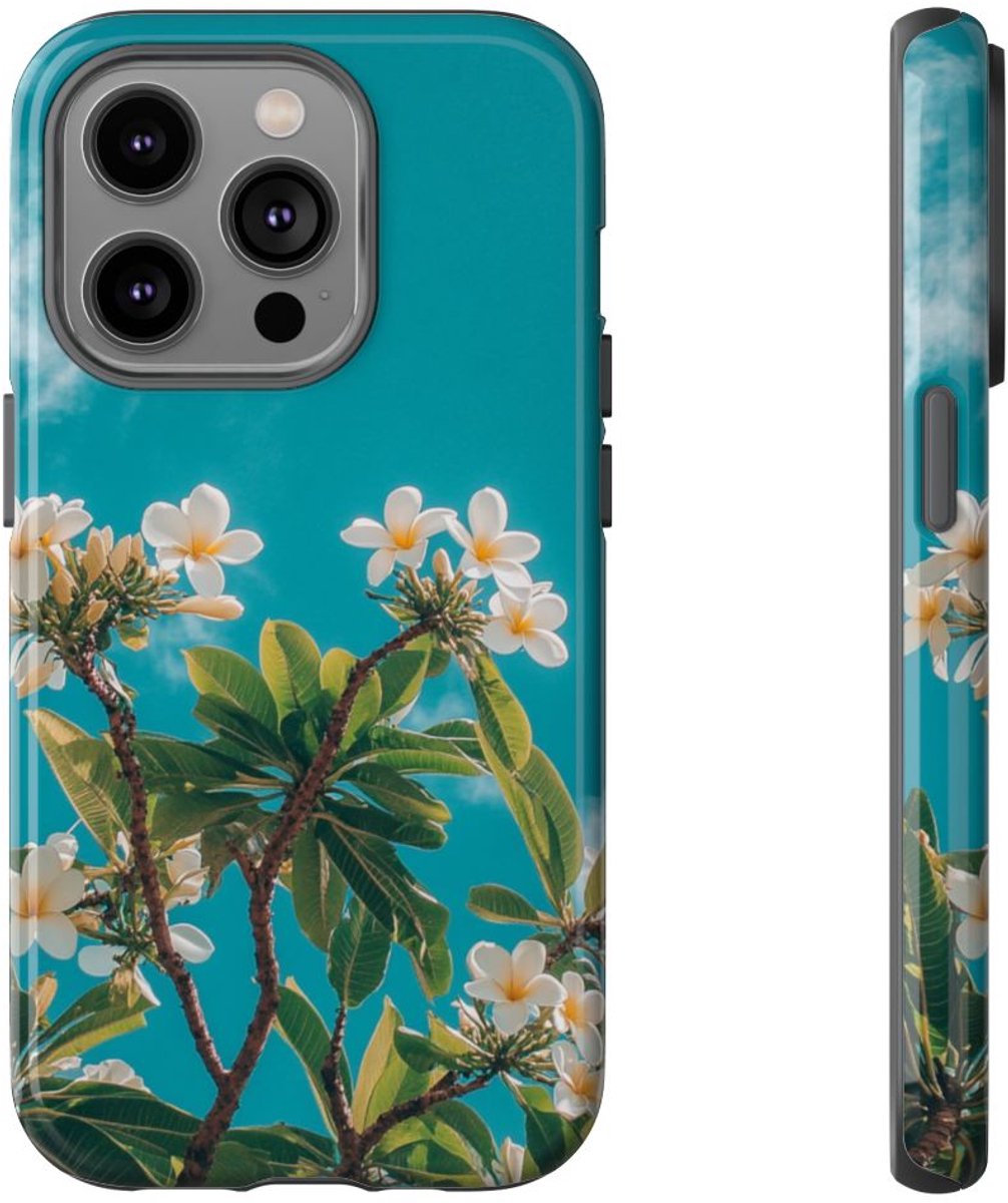 Witte Frangipanibloemen met Groene Bladeren – Telefoonhoesje Geschikt voor iPhone 14 Pro