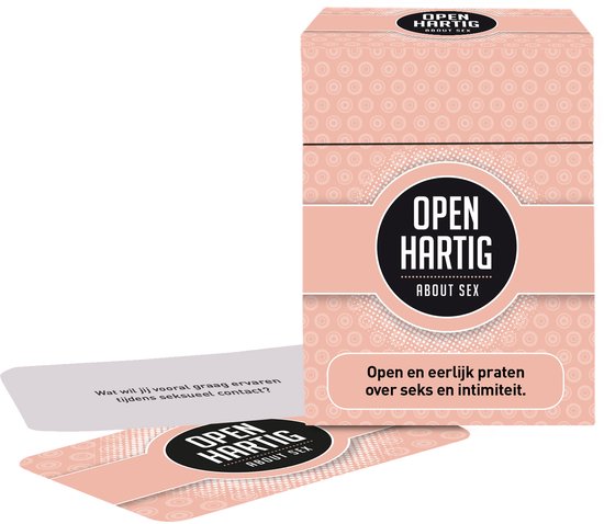 Doos en twee kaarten met patronen in roze tinten. Tekst 'Open en eerlijk praten over seks en intimiteit.'