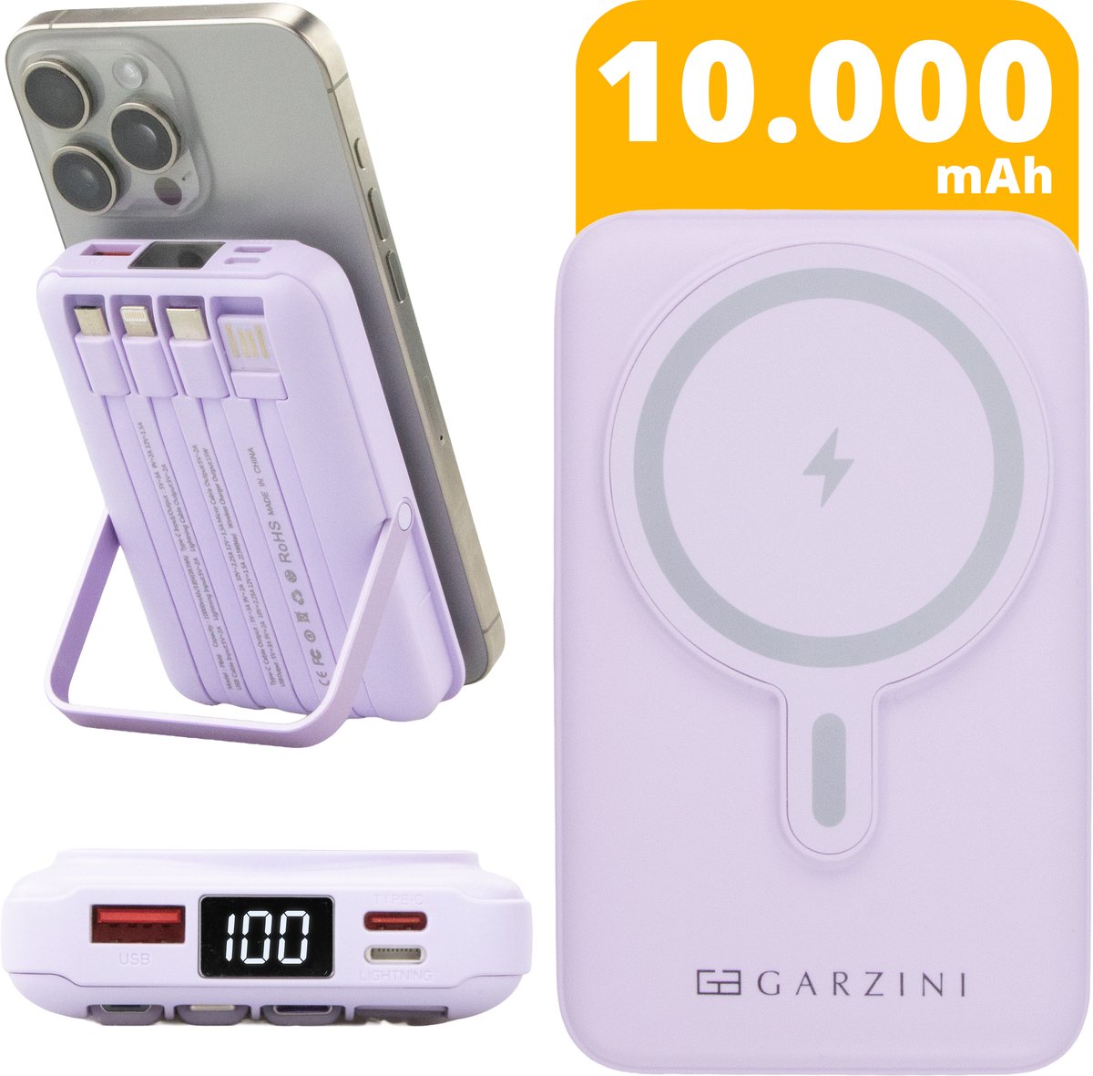 Garzini MagSafe Powerbank 10.000 mAh Draadloos Paars