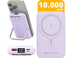 Garzini MagSafe Powerbank 10.000 mAh – Draadloos & MagSafe Opladen – 15W Snellader – 4 Kabels (USB-C, Lightning, Micro-USB, USB-A) – LED-display – iPhone 12/13/14/15/16/17 & Android - Noodpakket – Paars