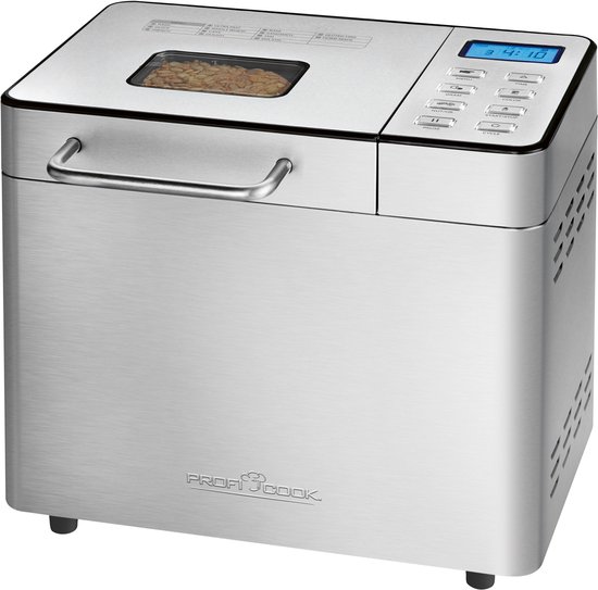 Zilverkleurige broodbakmachine met een raam waarin brood bakt en een digitaal display.