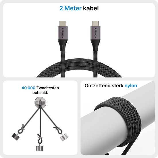 Voomy USB C Kabel 240W - USB C naar USB C - 2 Meter - 480 Mbps - Oplaadkabel Snellader - Geschikt voor Smartphone, Laptop & Tablet - Gevlochten kabel