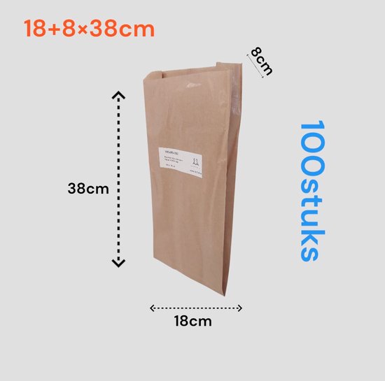 Sac en papier marron de 18x8x38cm, avec dimensions indiquées sur l'image. 100 pièces.