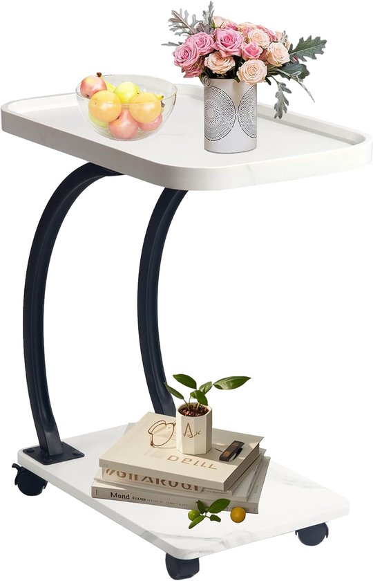 HOMCOM Bijzettafel C-vorm Op Wielen Trolley Serveerwagen Bijzettafel Nachttafel Hout Metaal Zwart Walnoot Nerf 51 X~0v4ndgi3pbg01