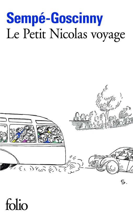 Boekomslag: Een tekening van een bus vol kinderen en een auto op een landschap.