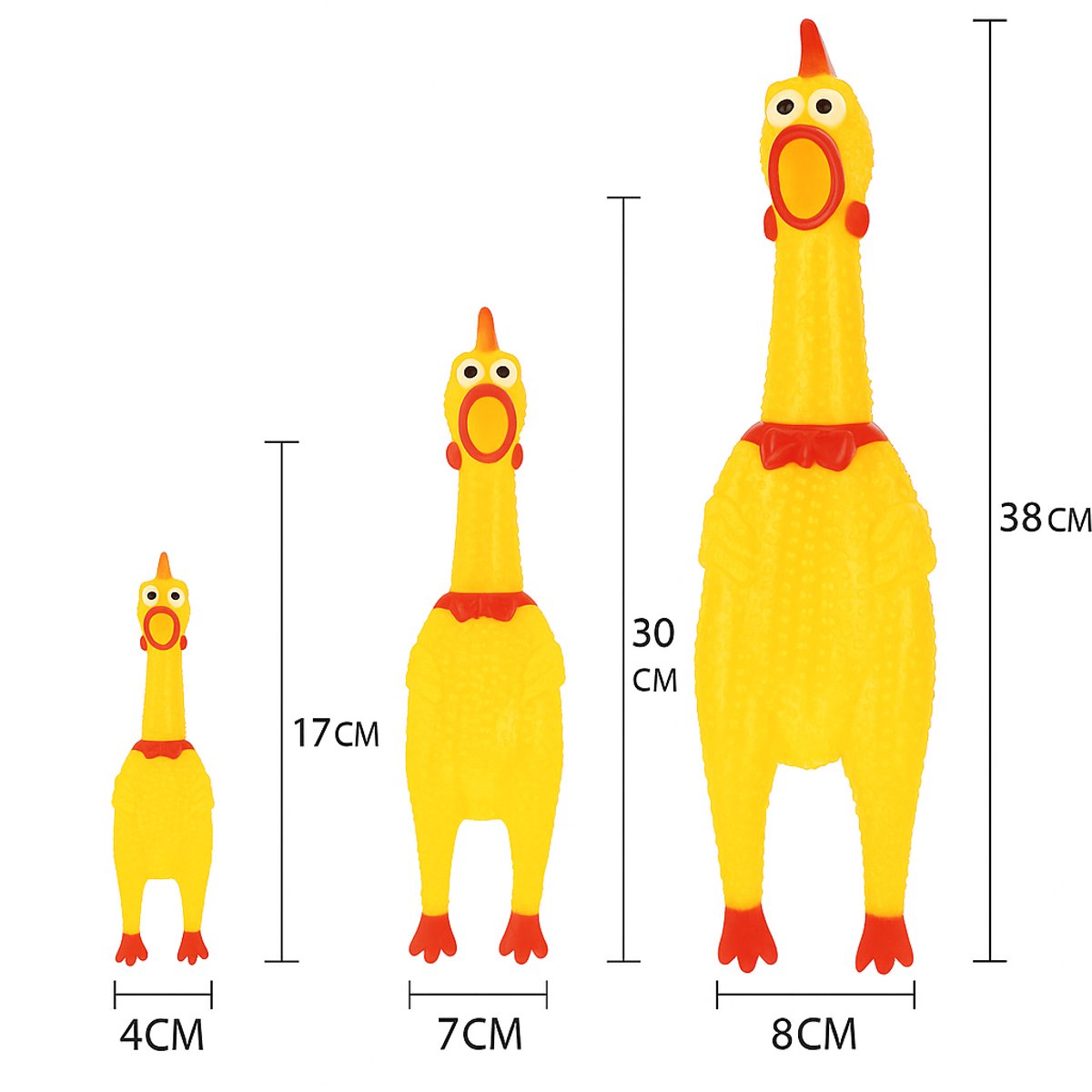 THAR Schreeuwende Kip Set – 3 Formaten: 17 cm, 30 cm & 38 cm – Rubber Kippen met Geluid – Grappig Speelgoed voor Kinderen & Huisdieren – Cadeau & Gadget