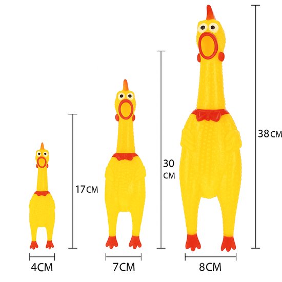 Drie gele rubberen kippen naast elkaar, met afmetingen: 17cm, 30cm en 38cm.