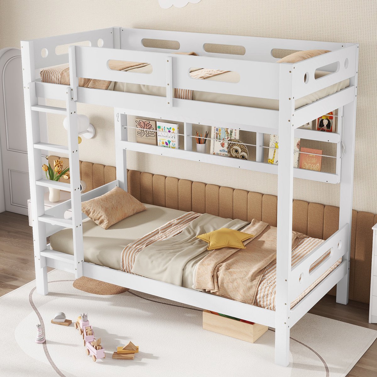 Stapelbed - Kinderbed met valbeveiliging - Open planken - Voldoende opbergruimte - Wit - 90x200 cm - zonder matras