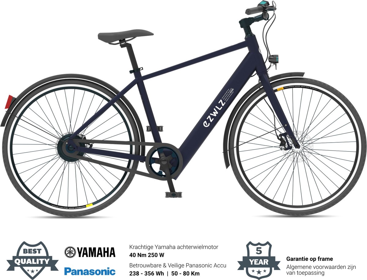 EZWLZ Elektrische Fiets Forenz H - Actieradius 80 km - Yamaha Achterwielmotor - Hybride E-Bike - Panasonic batterij - LCD Display - Blauwgrijs/Matt