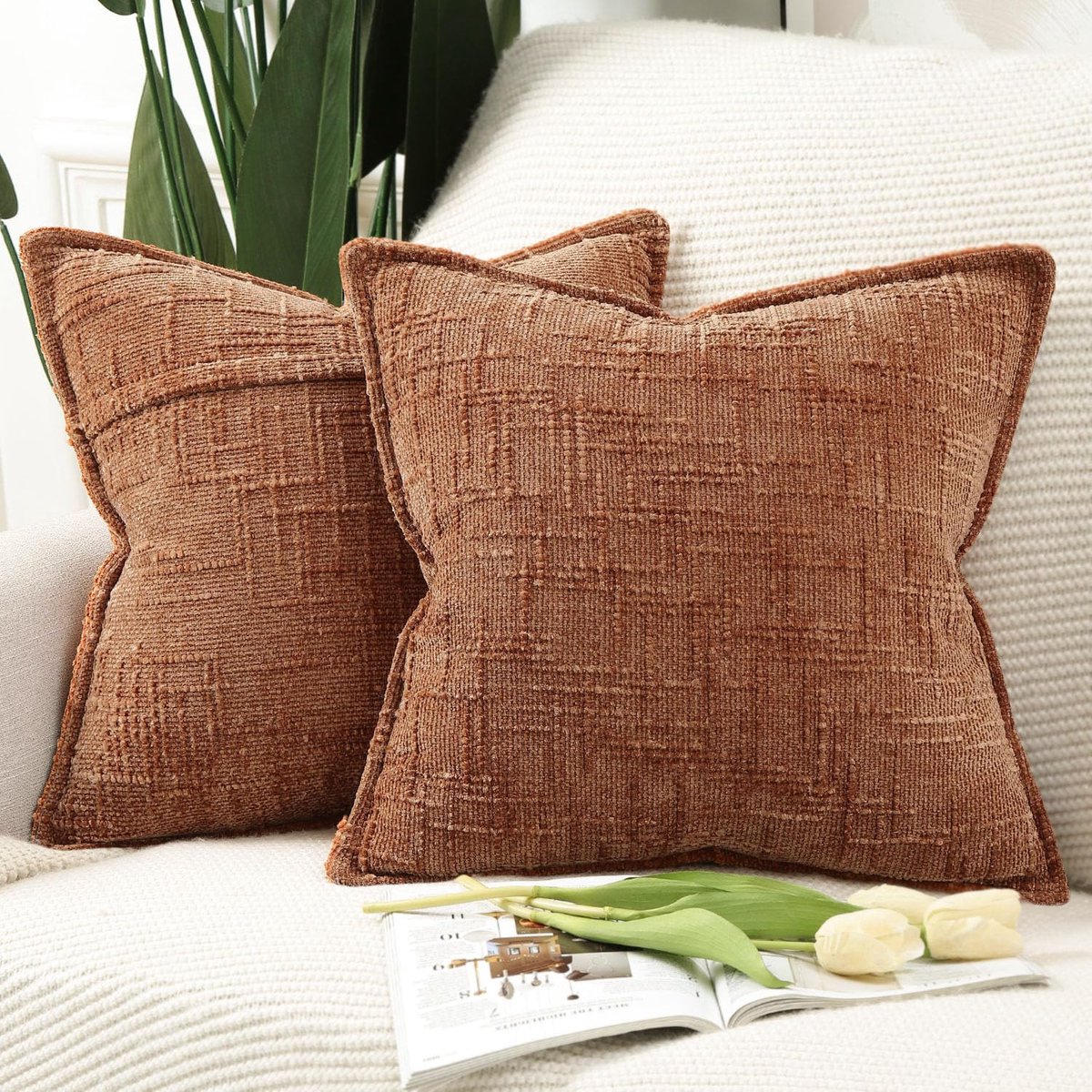 Ibenzoa Set van 2 luxe chenille sierkussenslopen, zachte en stijlvolle kussenhoezen voor moderne huisdecoratie, 45 x 45 cm Bruin