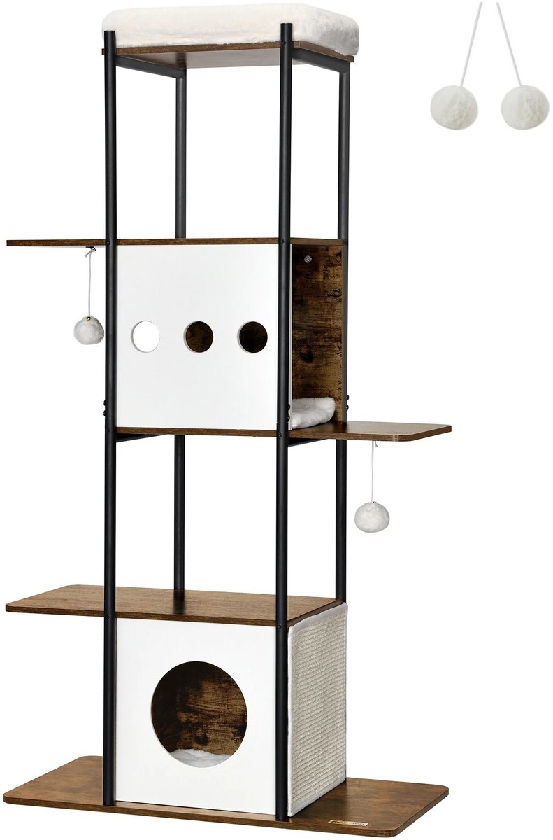 SureDeal® - Krabpaal met 2 Kattengrotten & Krabmat - 80x40x153 cm - Spaanplaat/Staal - Wit - 4 Niveaus - Voor Katten & Kittens - Modernee vormgeving - Wasbaar Pluche