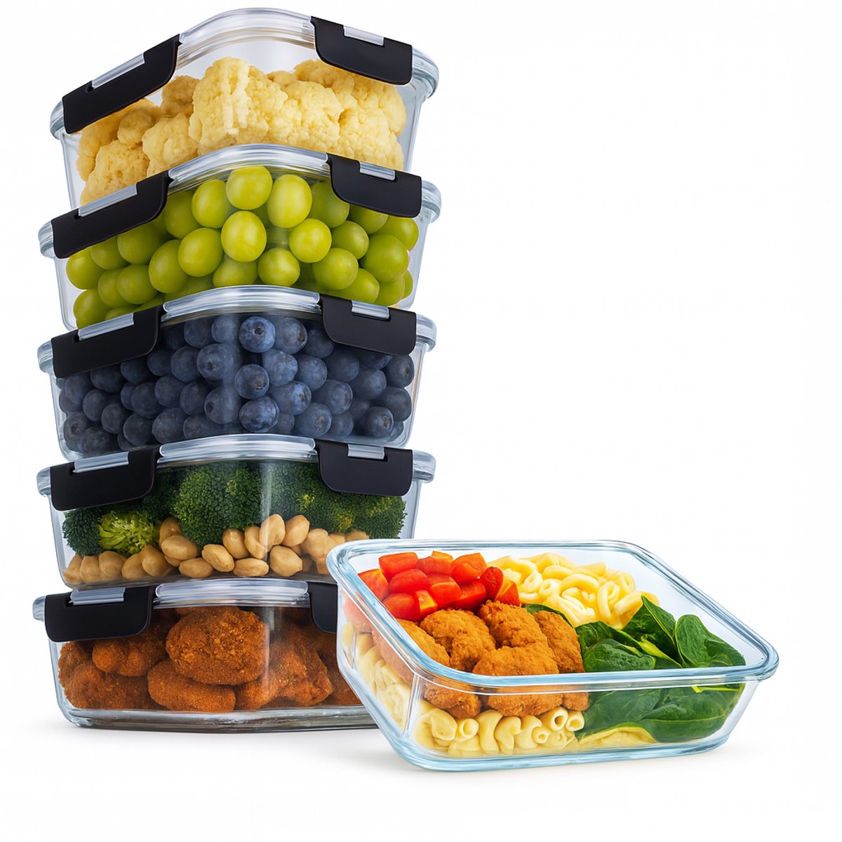 Aviro Vershoudbakjes Glas - 6 Stuks - Meal Prep Bakjes - Vriezer, Magnetron & Oven Bestendig - BPA Vrij - Luchtdicht - 1L — afbeelding 1