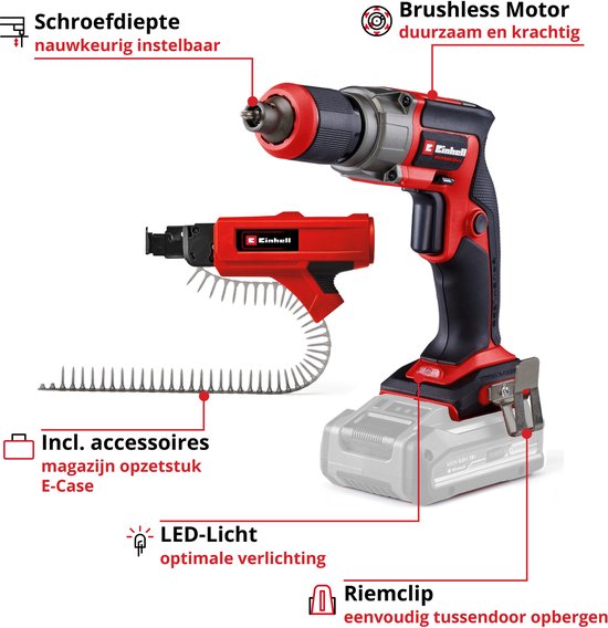 Gedetailleerde rode en zwarte Einhell schroefmachine met magazijnopzetstuk, accu, LED-licht en riemclip.