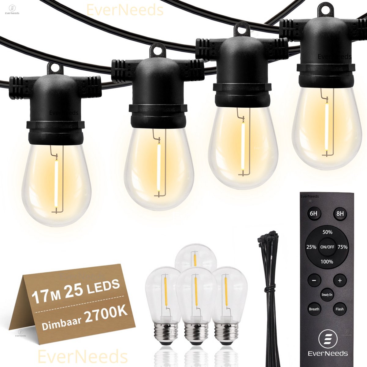 EverNeeds S14 Lichtsnoer Buiten – Prikkabel 17m – 25 LED – IP65 – Dimbaar met Afstandsbediening - Lichtslinger - Sfeerverlichting Buiten en Binnen - Warm Wit 2700K – 4 Extra LED’s