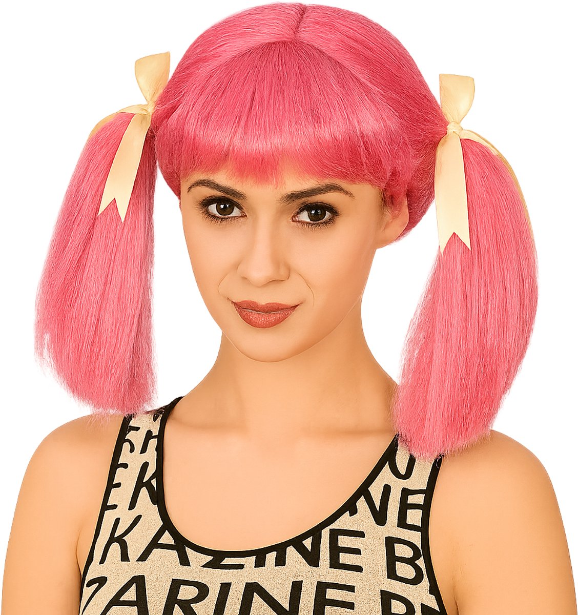 Roze Pruik Met Staartjes en Gele Strikjes – Verkleed & Feest Accessoire