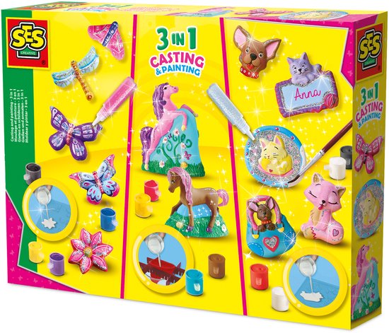 SES Creative - Hobby Pink - Gieten en Schilderen - 3 in 1 - Fantasie Paarden, Vlinders, Katten en Honden - Knutselen Meisjes - Sneldrogend - Vanaf 5 jaar