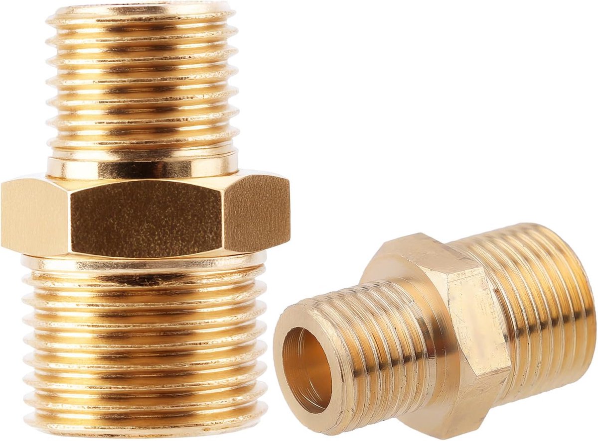 Gosknor 2 Stuks Messing Zeskantnippels, 3/8 Inch NPT Mannelijk x 1/4 Inch NPT Mannelijk Pijpfittingadapter Hogedrukpijpaansluiting voor Water-, Gas- en Olieleidingen