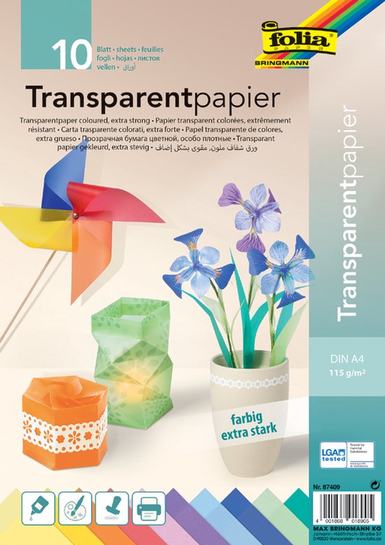 Folia transparant papier, 10 vellen A4, 115 g/m², in verschillende felle kleuren, met een windmolen en bloemen.