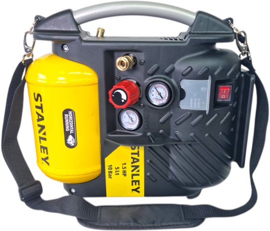 Zwarte en gele Stanley Airboss compressor met draagband en handvat, 1.5 pk, 5 liter