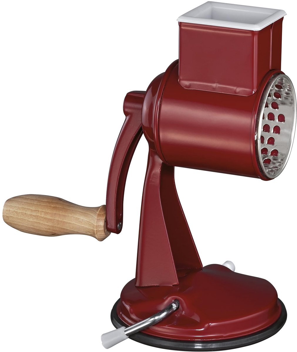 Zassenhaus Trommelrasp CLASSIC, Handmatige keukenrasp, Gelakt metaal, Beukenhout, RVS, Zuignap, 2 rasptrommels en stamper, Kan gebruikt worden als groentesnijder, kaasrasp en schaaf, Rood