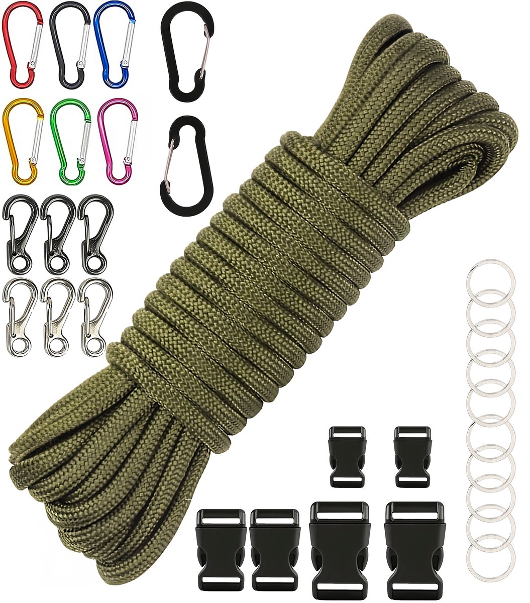 30 meters Paracord Compleet Pakket - Militair Groen- Parachute Koord/Touw 4mm Parakoord 550 met Karabijnhaken, Naalden set, Bedels, Klikgespen - Knutselen Set voor Volwassen, Kinderen, Meisjes - Armbandjes, Lanyard, Sleutelhanger, Maken Knutselpakket