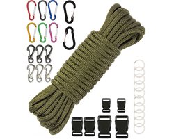 30 meters Paracord Compleet Pakket - Militair Groen- Parachute Koord/Touw 4mm Parakoord 550 met Karabijnhaken, Naalden set, Bedels, Klikgespen - Knutselen Set voor Volwassen, Kinderen, Meisjes - Armbandjes, Lanyard, Sleutelhanger, Maken Knutselpakket