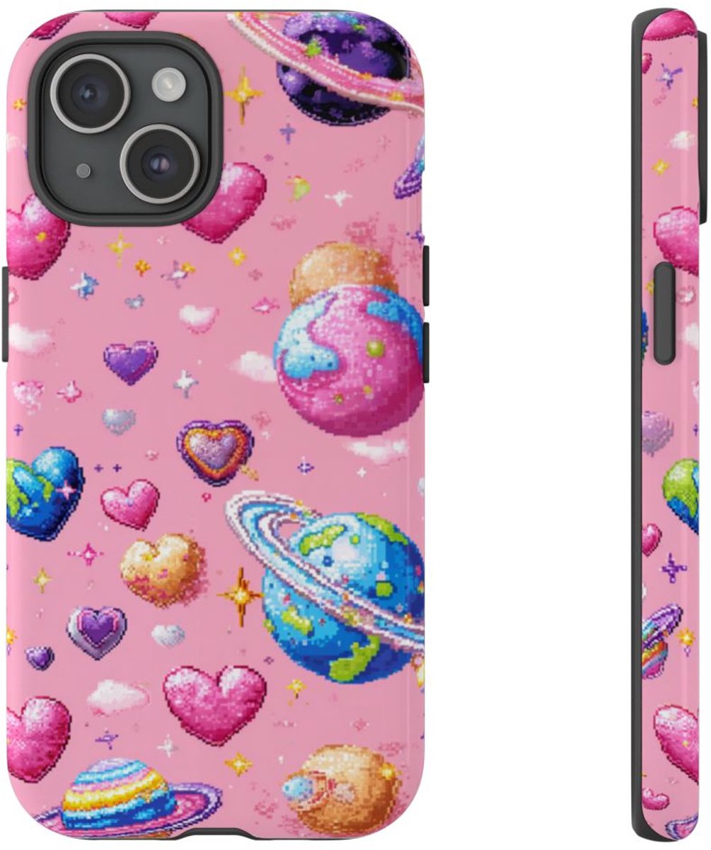 Pixel Art Harten en Planeten Patroon – Telefoonhoesje Geschikt voor iPhone 15