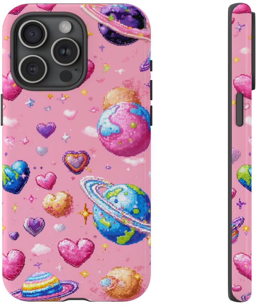 Pixel Art Harten en Planeten Patroon – Telefoonhoesje Geschikt voor iPhone 15 Pro Max