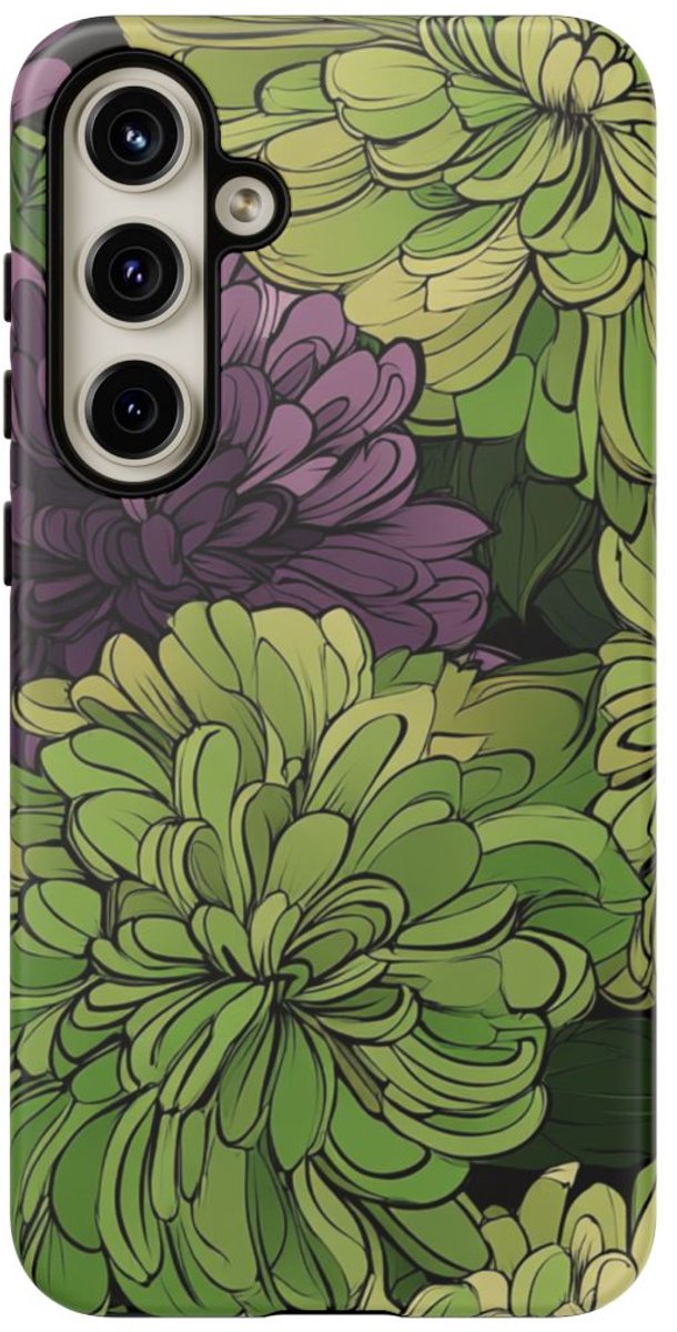 Groen-Paarse Chrysantenprint – Telefoonhoesje Geschikt voor Samsung Galaxy S24 Plus