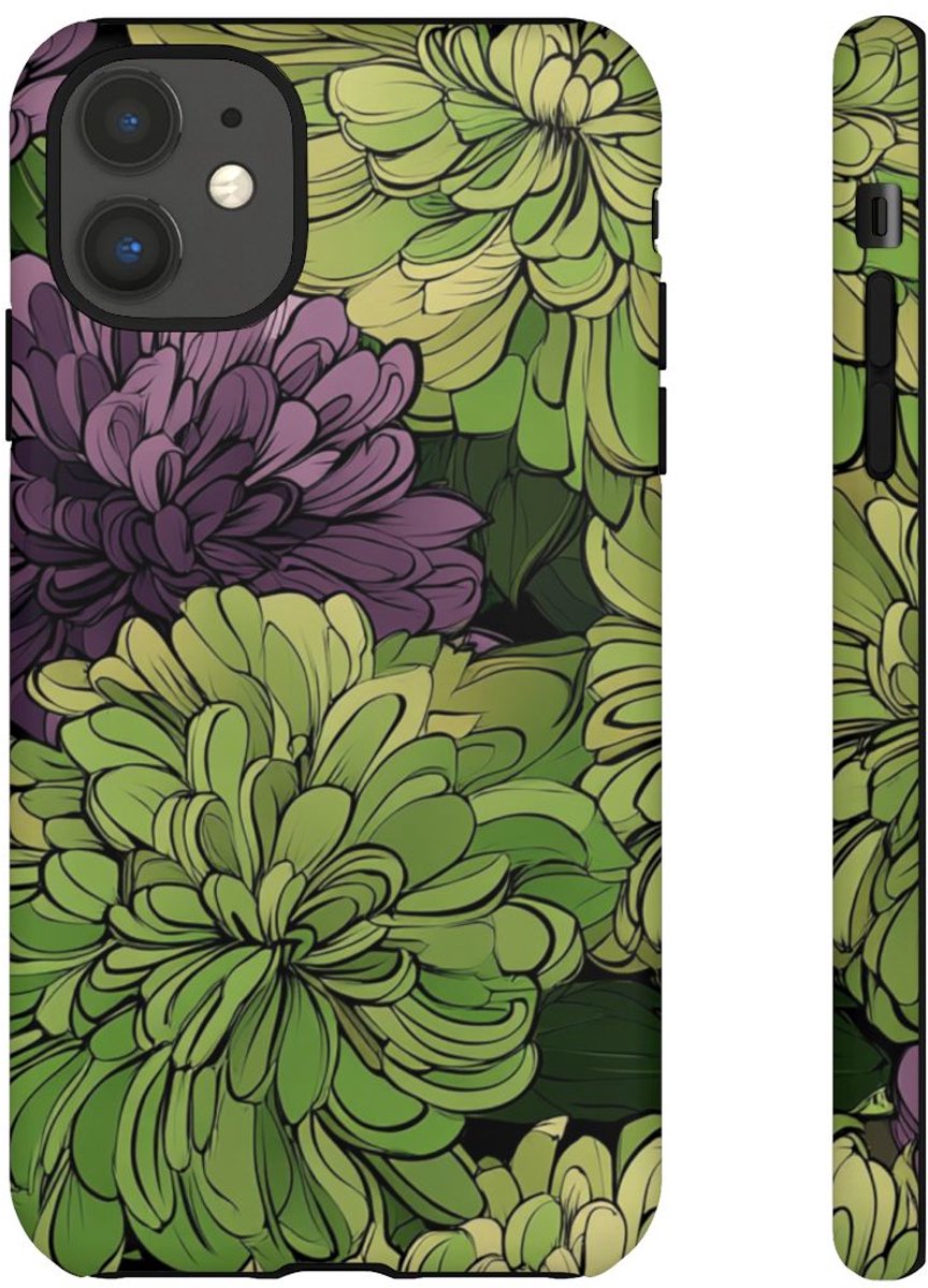 Groen-Paarse Chrysantenprint – Telefoonhoesje Geschikt voor iPhone 11