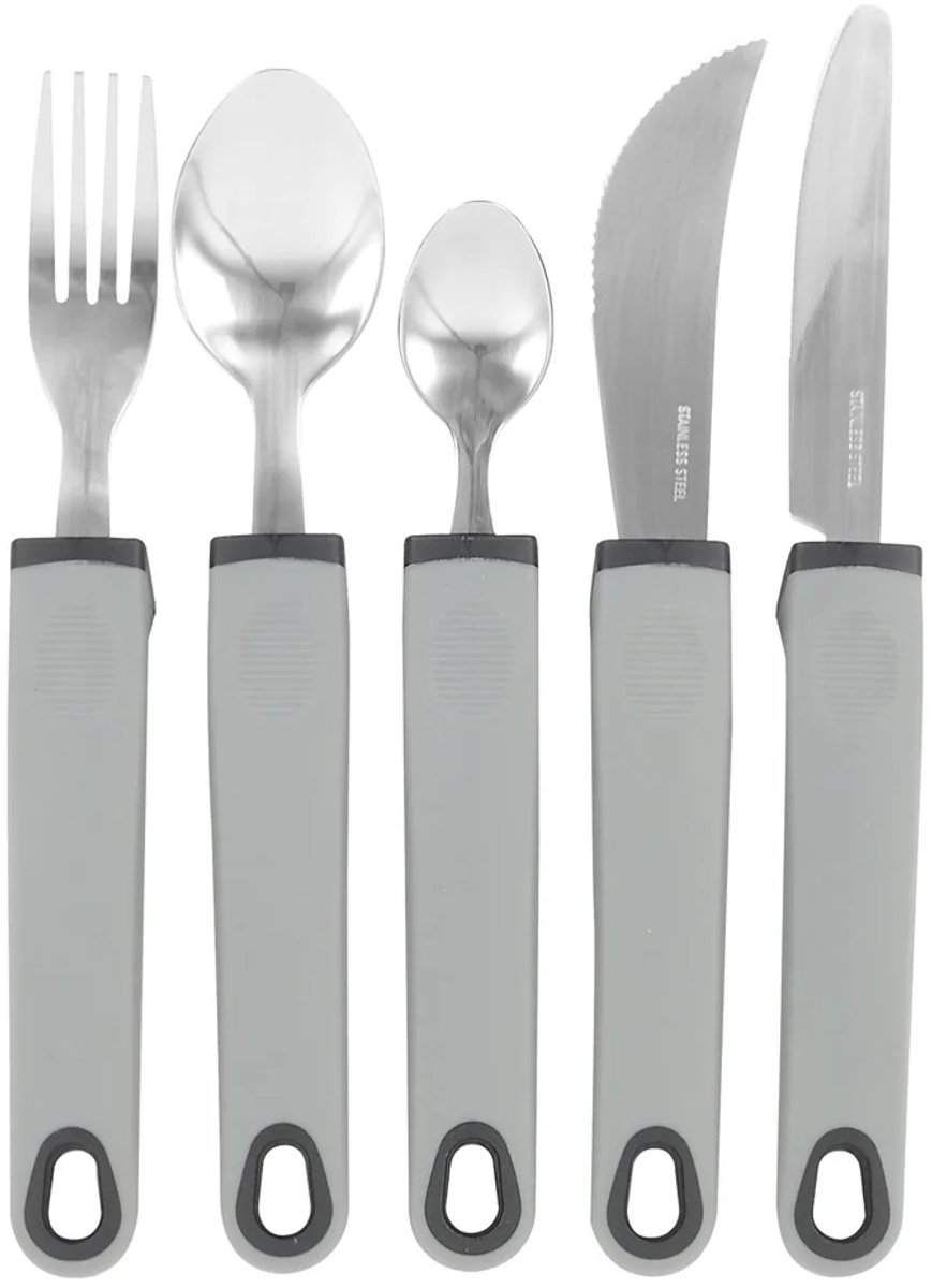VOKA Bestek set - Luxe bestek- Verdikt handvat - Luxe Verdikt bestek - 5-delig - Premium Aangepast bestek - Comfortabele soft grip - Modern - Set - Tril bestek - Grip bestek – Grijs