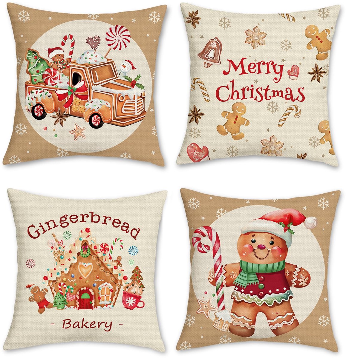 Ibenzoa Decoratieve Kussenslopen Set van 4 met Kerst Peperkoek Thema voor Winterdecoratie beige