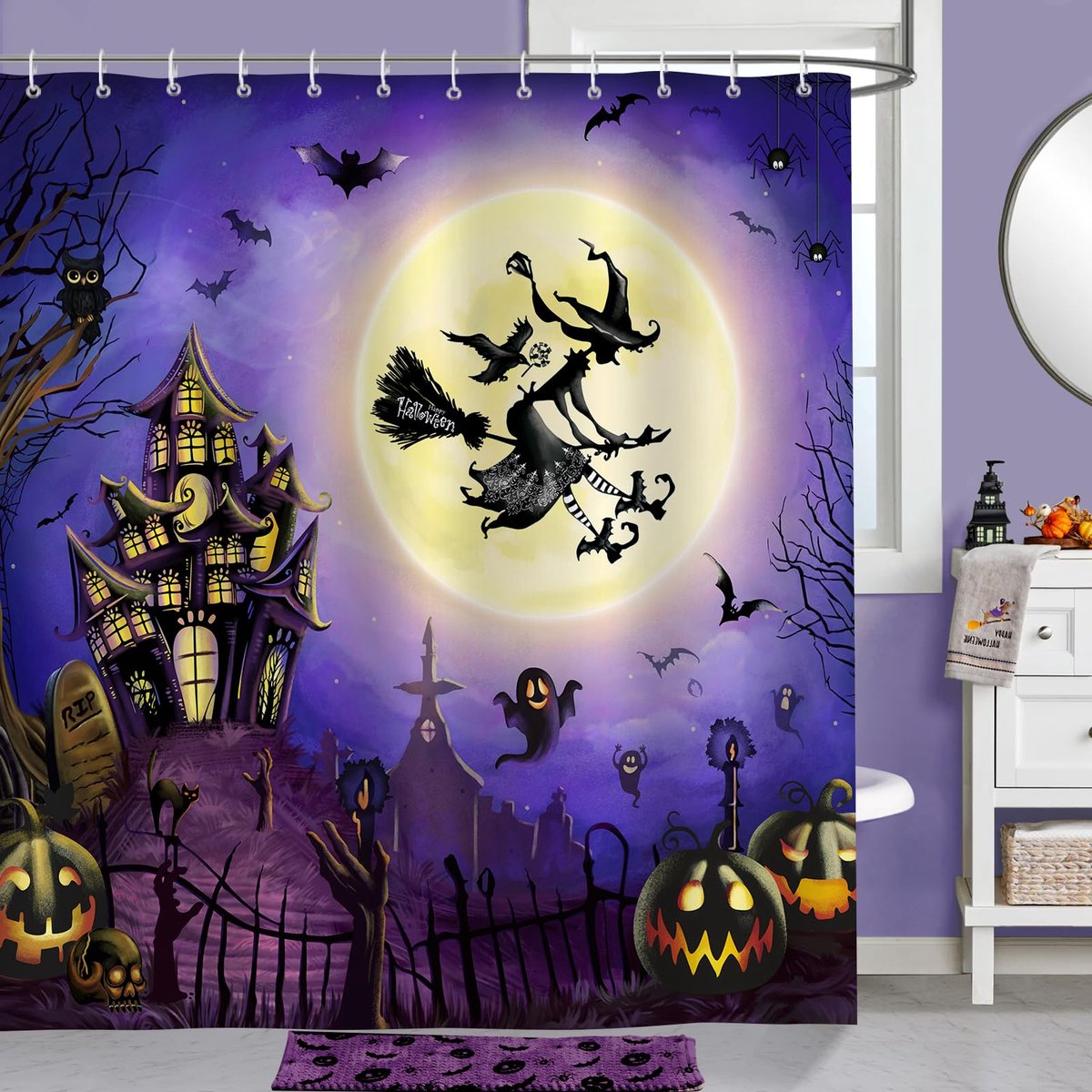Ibenzoa® Halloween Douchegordijn met Heks en Volle Maan Design, Waterdicht en Schimmelwerend, 180 x 180 cm
