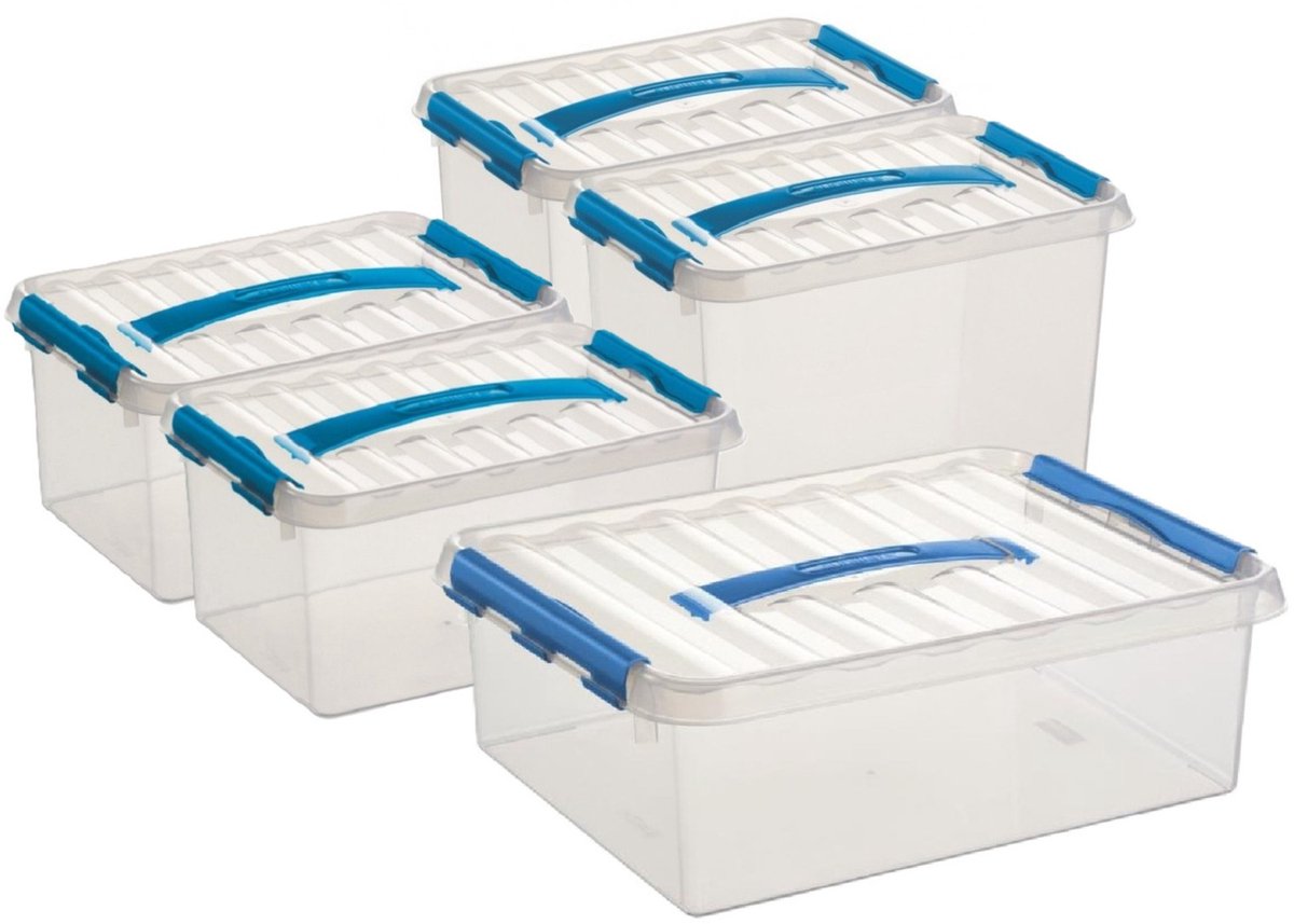 Sunware Q-Line opberg boxen set van 5x stuks - 3 maten - 6-9-12 liter - kunststof - transparant/blauw